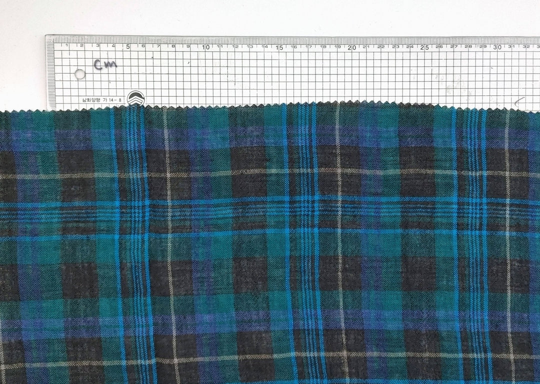 Mystic Forest Noir: Linen Polyester Twisted Black-Green Plaid Fabric 7327 - The Linen Lab - Green(Dark)