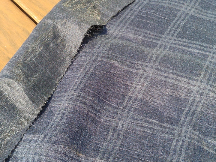 Naval Linen Polyester Fabric with Crease Effect and Printed Plaid Pattern 3578 - The Linen Lab - Navy