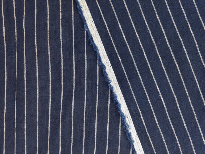 Navy Blue & White Striped Linen Fabric - 100% Natural, 21S Thread for Classic Style 7841 - The Linen Lab - Navy