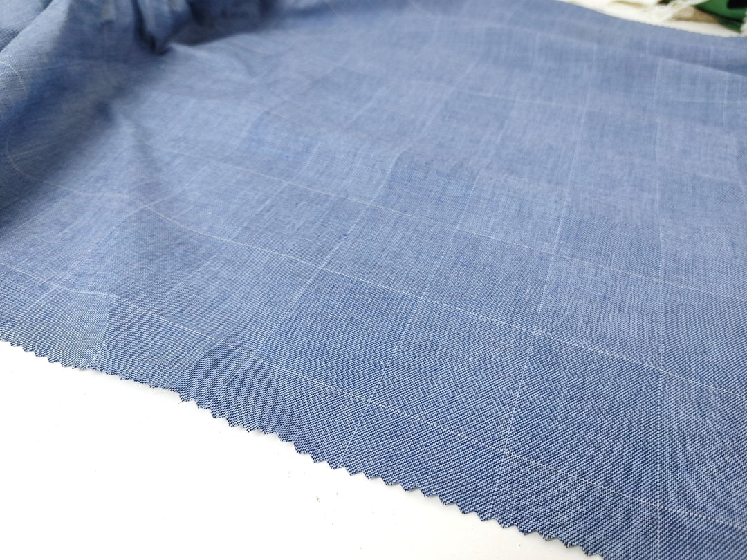 Ramie Cotton Stretch Fabric with Blue Windowpane 3346 - The Linen Lab - Blue