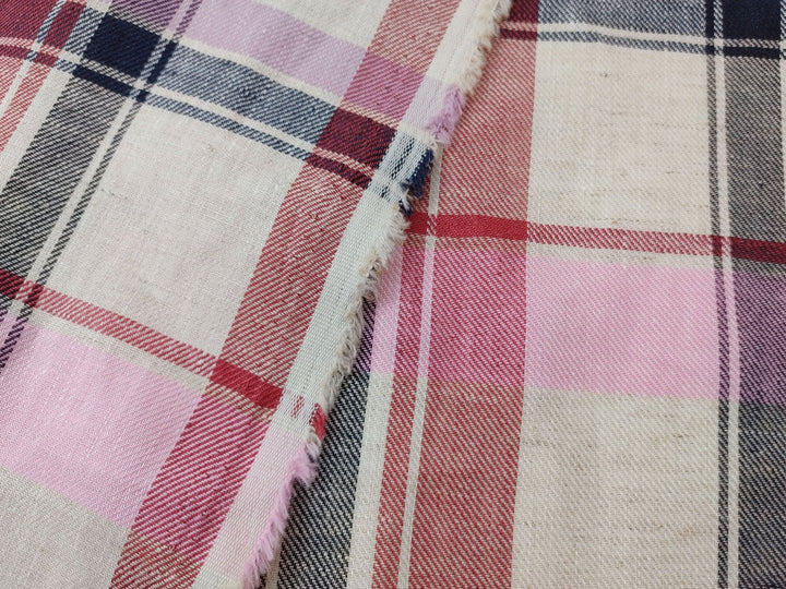 Rosy Check: Pink Linen Cotton Twill Plaid Fabric 4213 - The Linen Lab - Pink