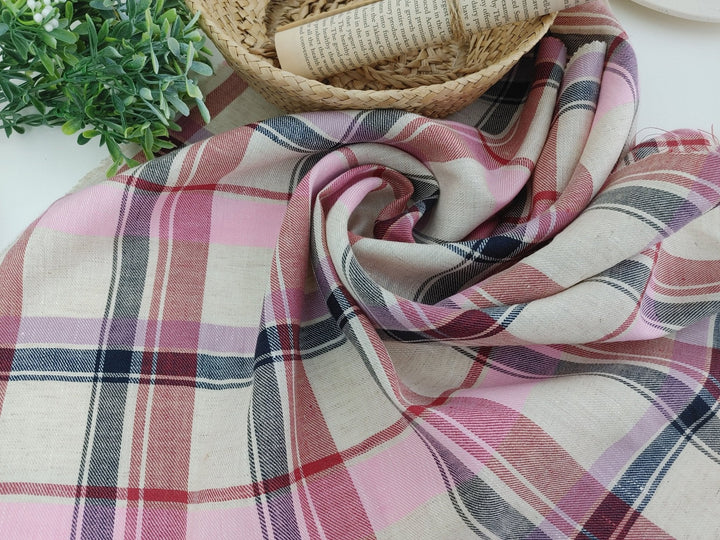 Rosy Check: Pink Linen Cotton Twill Plaid Fabric 4213 - The Linen Lab - Pink