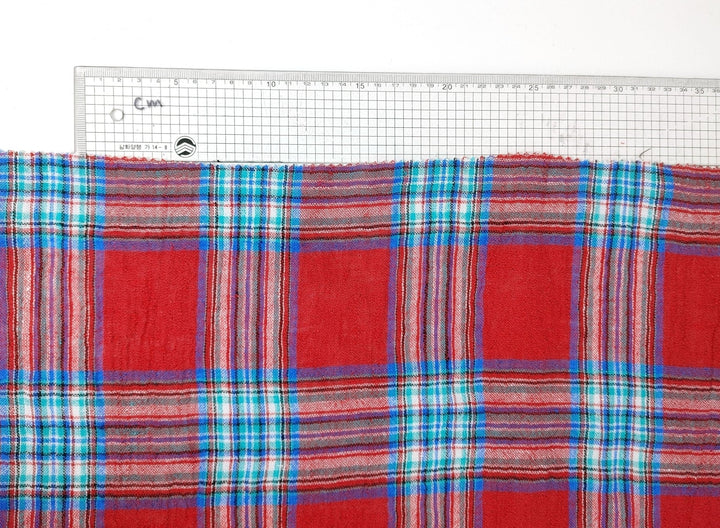 Vibrant Wrinkle-Textured Plaid: Linen Polyester Blend for Effortless Style 7580 - The Linen Lab - Red