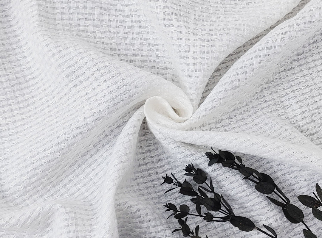 White Linen Cotton Dobby with Uneven Weave and Check Pattern 4899 - The Linen Lab - White