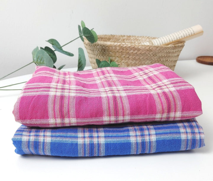 Wrinkled Plaid Fabric: Linen Cotton PU in Pink and Blue Dual Colorway 7269 7270 - The Linen Lab - Pink