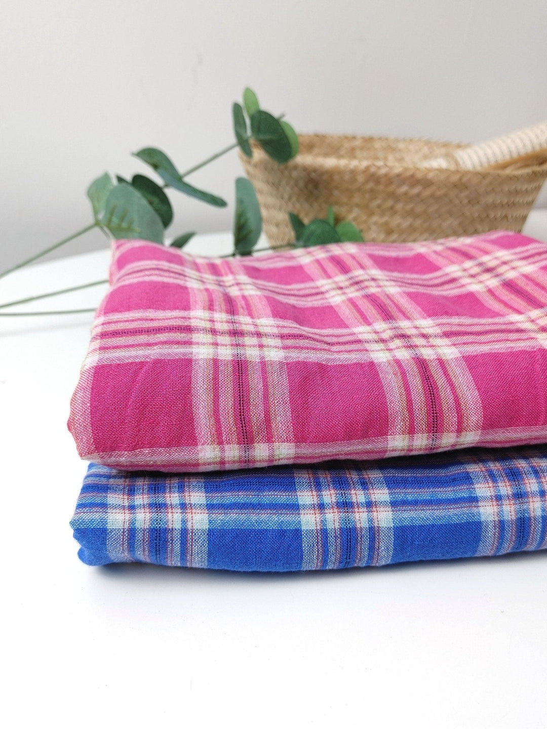 Wrinkled Plaid Fabric: Linen Cotton PU in Pink and Blue Dual Colorway 7269 7270 - The Linen Lab - Pink