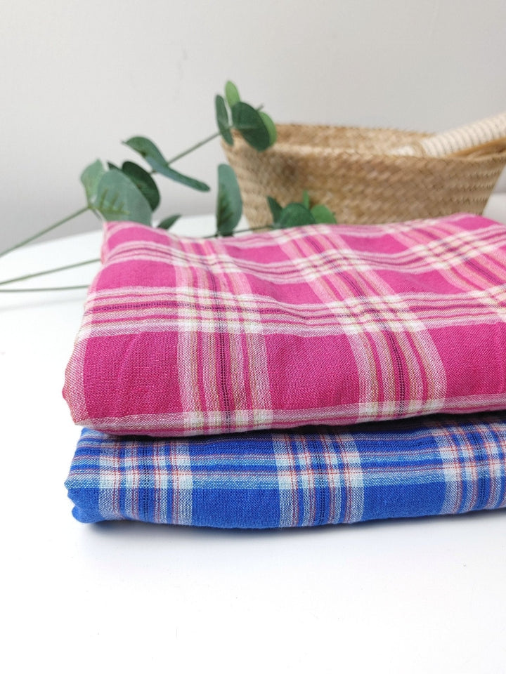 Wrinkled Plaid Fabric: Linen Cotton PU in Pink and Blue Dual Colorway 7269 7270 - The Linen Lab - Pink
